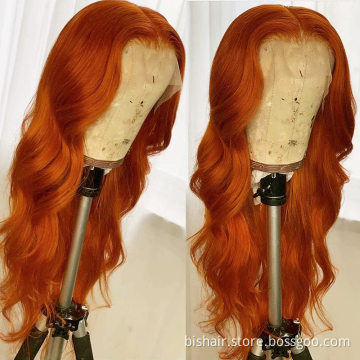 Density orange-red 100% real human hair T-part lace front wig suitable for women 150% real hair lace front wig body wavy orange